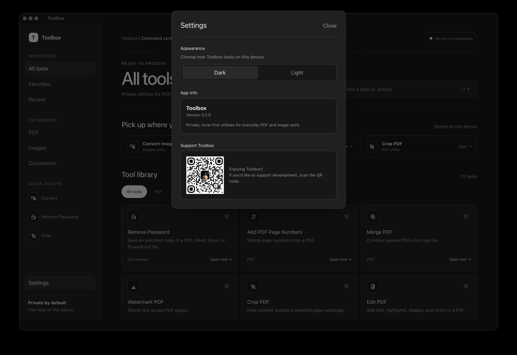 Toolbox settings panel showing theme controls and a support QR code